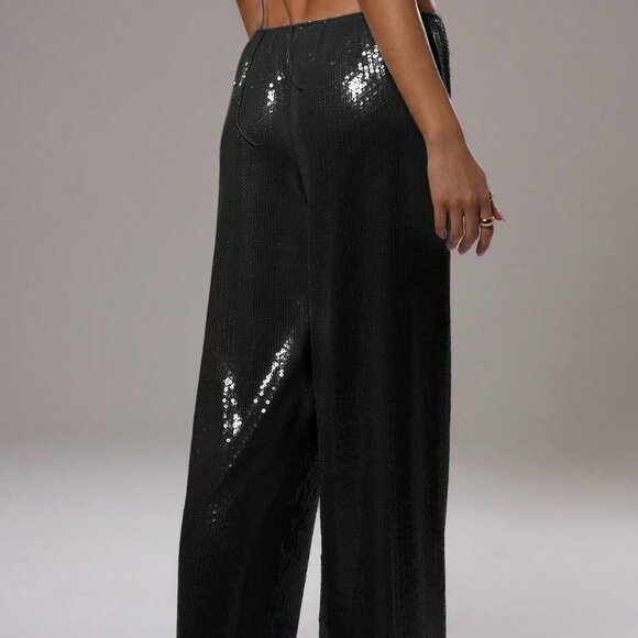 Black Sequin Women's Low Rise Wide Leg Pants - Picture 3 of 5